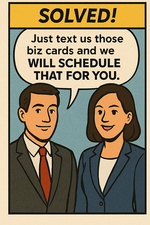 Panel 3: Couple explaining the solution - text us the cards